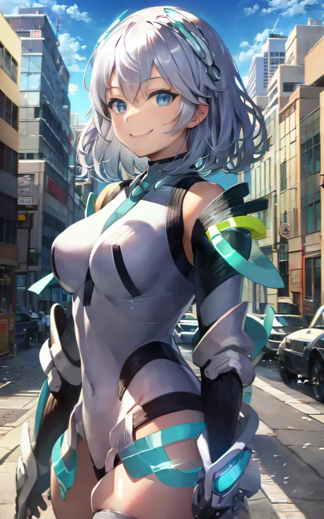 lightsmile, deva battle suit, outdoors, silver hair, bobhair, blue eyes, waist shot