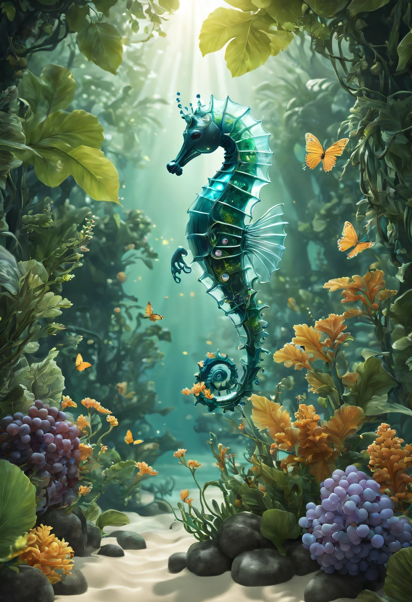 Futuristic ethereal seahorse，Sci-fi butterflies，future seahorse，sea horse，Futuristic jungle background，tmasterpiece，（Very detailed CG unified 8k wallpaper），（Best quality at best），（Best Best Illustration），（The best shadow），The background is a forest theme，With natural elements，flowers blooming，warm color palette，surrounded by exquisite leaves and branches，rays of sunshine，（nature elements），（Jungle theme），（leafs），grape trees，manatee，（exquisite leaves），（particle effect），isometric 3D，Rendered by Octane， Ray traching，ultra - detailed