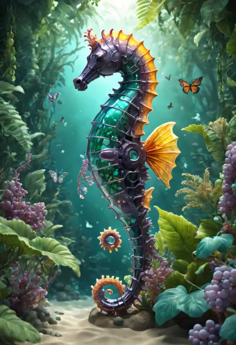 Futuristic ethereal seahorse，Sci-fi butterflies，future seahorse，sea horse，Futuristic jungle background，tmasterpiece，（Very detail...