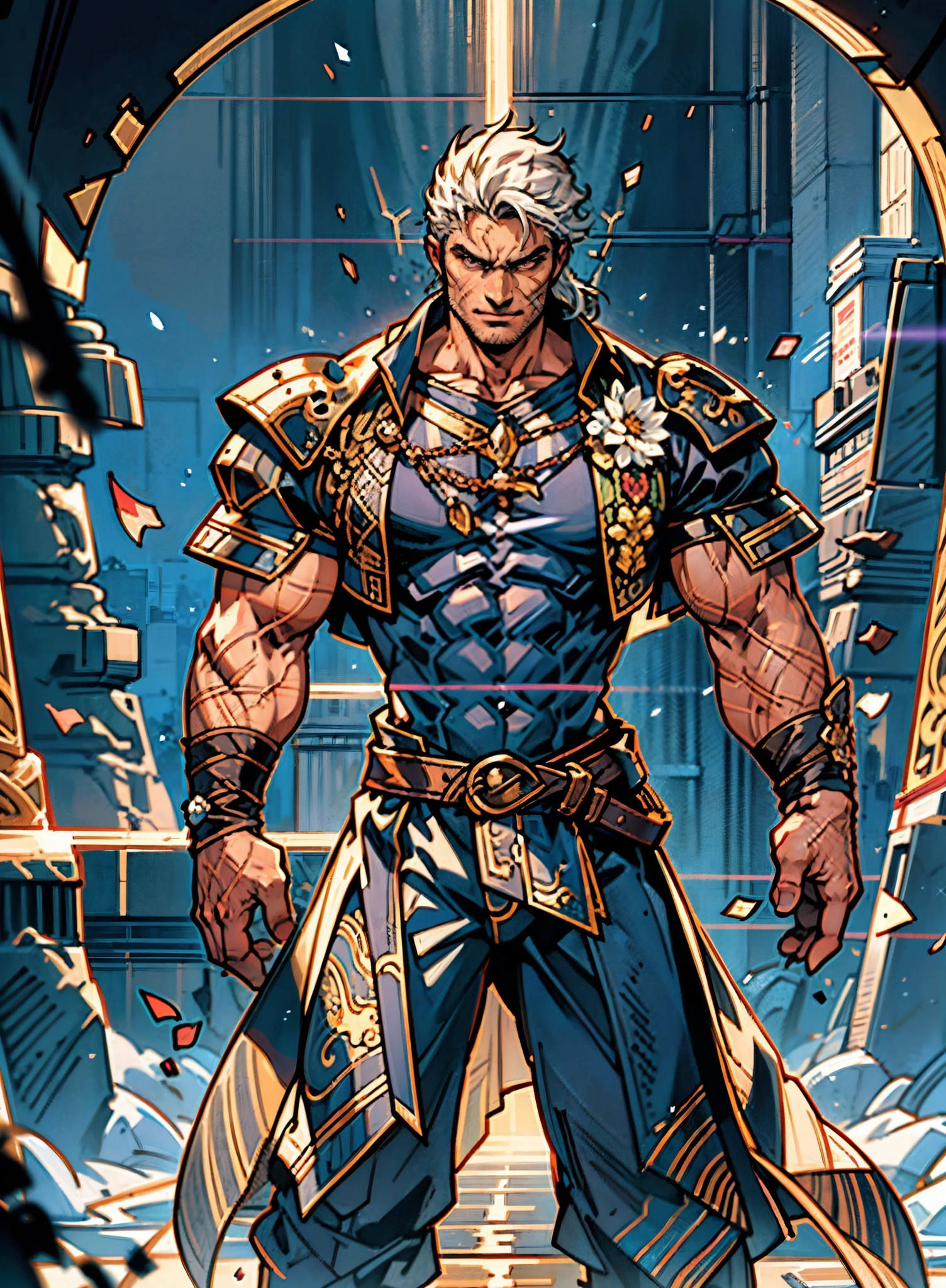A young man, dense black-gold long hair, standing tall with upright hair, a majestic countenance, confident gaze, a scar under the eyes, a hearty smile, a fantasy-realistic tattered half-length martial arts outfit, short-sleeved, open-front robe revealing muscular physique, a coarse cloth belt around his waist, coarse trousers, towering and robust figure, he stands proudly, a glowing dark purple energy aura, the background depicts a black-and-white sky forming a yin-yang symbol, this character embodies a finely crafted fantasy-realistic martial artist in anime style, characterized by an exquisite and mature manga illustration art style, high definition, best quality, highres, ultra-detailed, ultra-fine painting, extremely delicate, professional, anatomically correct, symmetrical face, extremely detailed eyes and face, high quality eyes, creativity, RAW photo, UHD, 8k, Natural light, cinematic lighting, masterpiece-anatomy-perfect, masterpiece:1.5