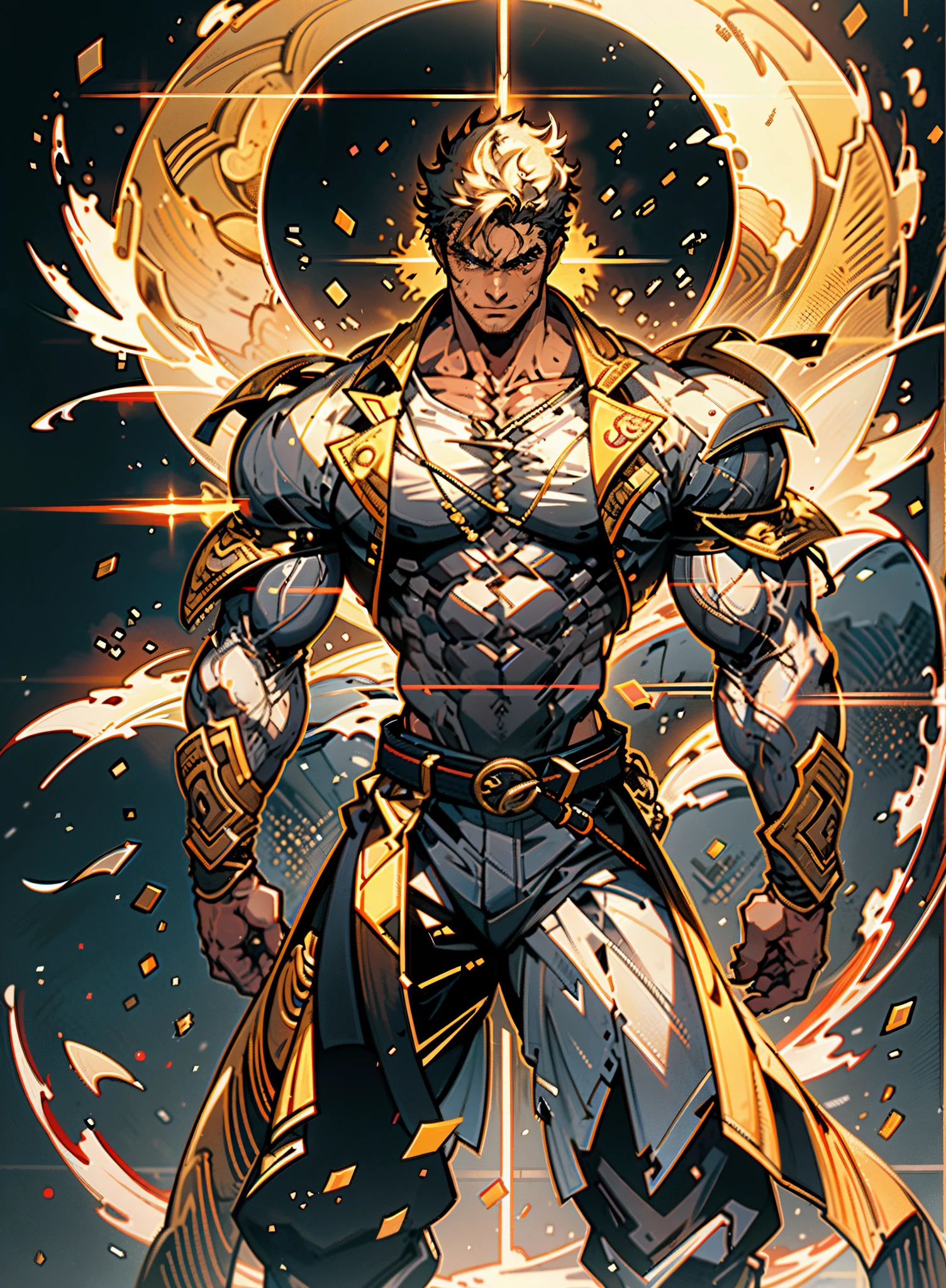 A young man, dense black-gold long hair, standing tall with upright hair, a majestic countenance, confident gaze, a scar under the eyes, a hearty smile, a fantasy-realistic tattered half-length martial arts outfit, short-sleeved, open-front robe revealing muscular physique, a coarse cloth belt around his waist, coarse trousers, towering and robust figure, he stands proudly, a glowing dark purple energy aura, the background depicts a black-and-white sky forming a yin-yang symbol, this character embodies a finely crafted fantasy-realistic martial artist in anime style, characterized by an exquisite and mature manga illustration art style, high definition, best quality, highres, ultra-detailed, ultra-fine painting, extremely delicate, professional, anatomically correct, symmetrical face, extremely detailed eyes and face, high quality eyes, creativity, RAW photo, UHD, 8k, Natural light, cinematic lighting, masterpiece-anatomy-perfect, masterpiece:1.5