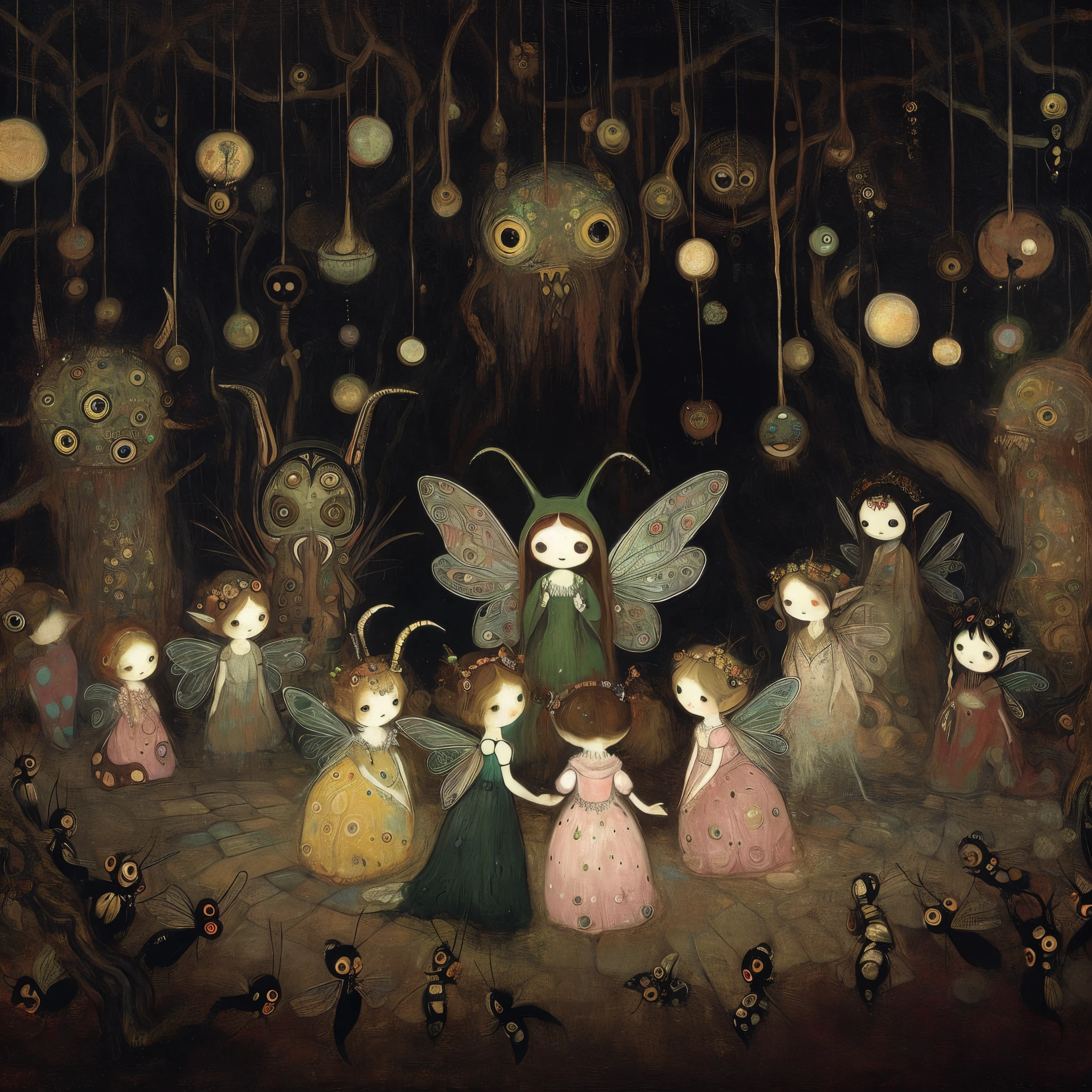 Painting of a group of children dressed in fairy costumes in a forest ...