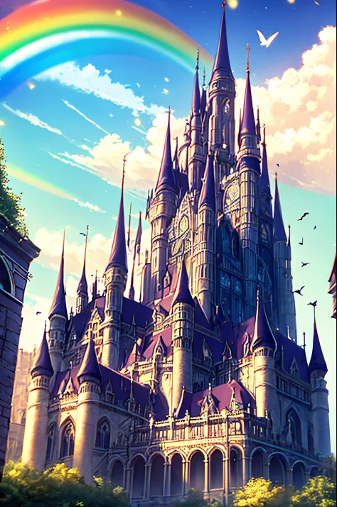 Big castle、with light glowing、opulent、​masterpiece、Vivid、rainbows、Europe