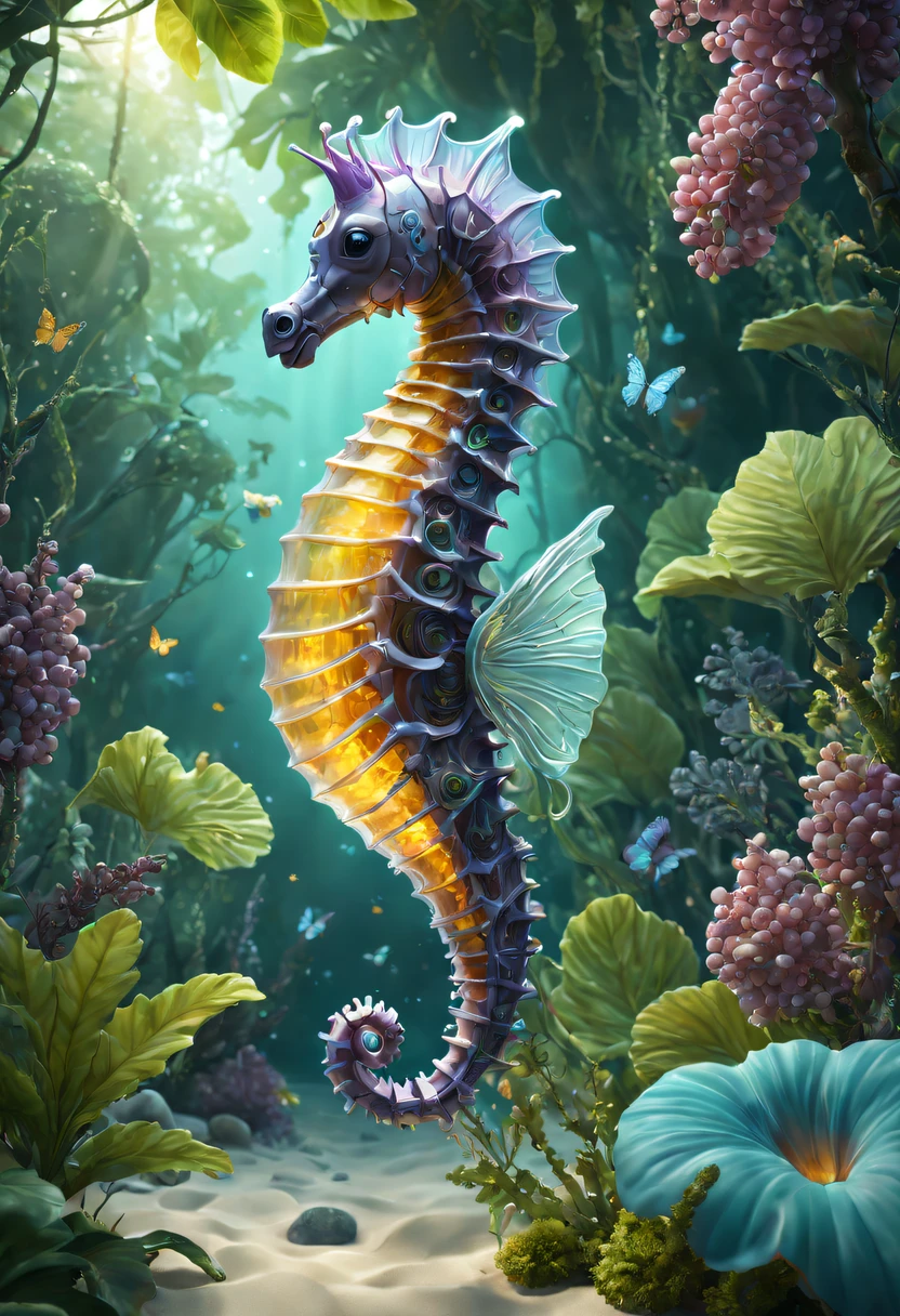 Futuristic ethereal seahorse，Sci-fi butterflies，future seahorse，sea horse，Futuristic jungle background，tmasterpiece，（Very detailed CG unified 8k wallpaper），（Best quality at best），（Best Best Illustration），（The best shadow），The background is a forest theme，With natural elements，flowers blooming，warm color palette，surrounded by exquisite leaves and branches，rays of sunshine，（nature elements），（Jungle theme），（leafs），grape trees，manatee，（exquisite leaves），（particle effect），isometric 3D，Rendered by Octane， Ray traching，ultra - detailed