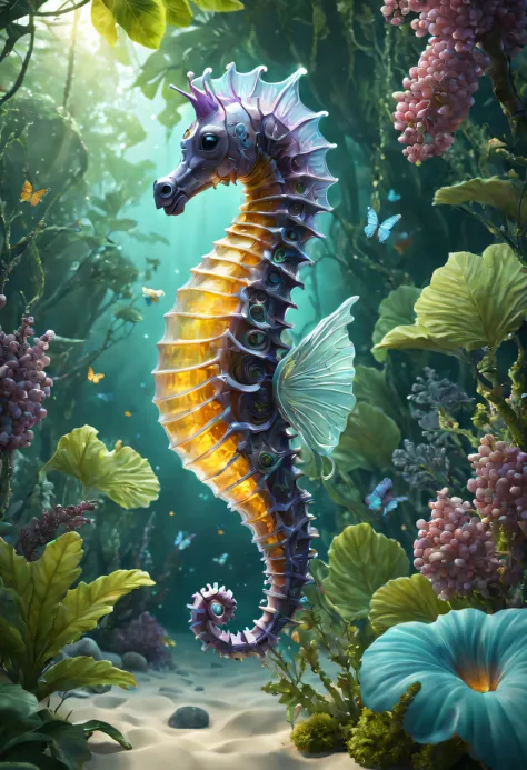 Futuristic ethereal seahorse，Sci-fi butterflies，future seahorse，sea horse，Futuristic jungle background，tmasterpiece，（Very detail...