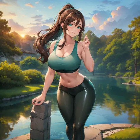 Masterpiece, Best Quality, (((Solo mature woman))), (((Brown hair))), Ponytail, Large chest, (((wide hips))), (((aqua green eyes...