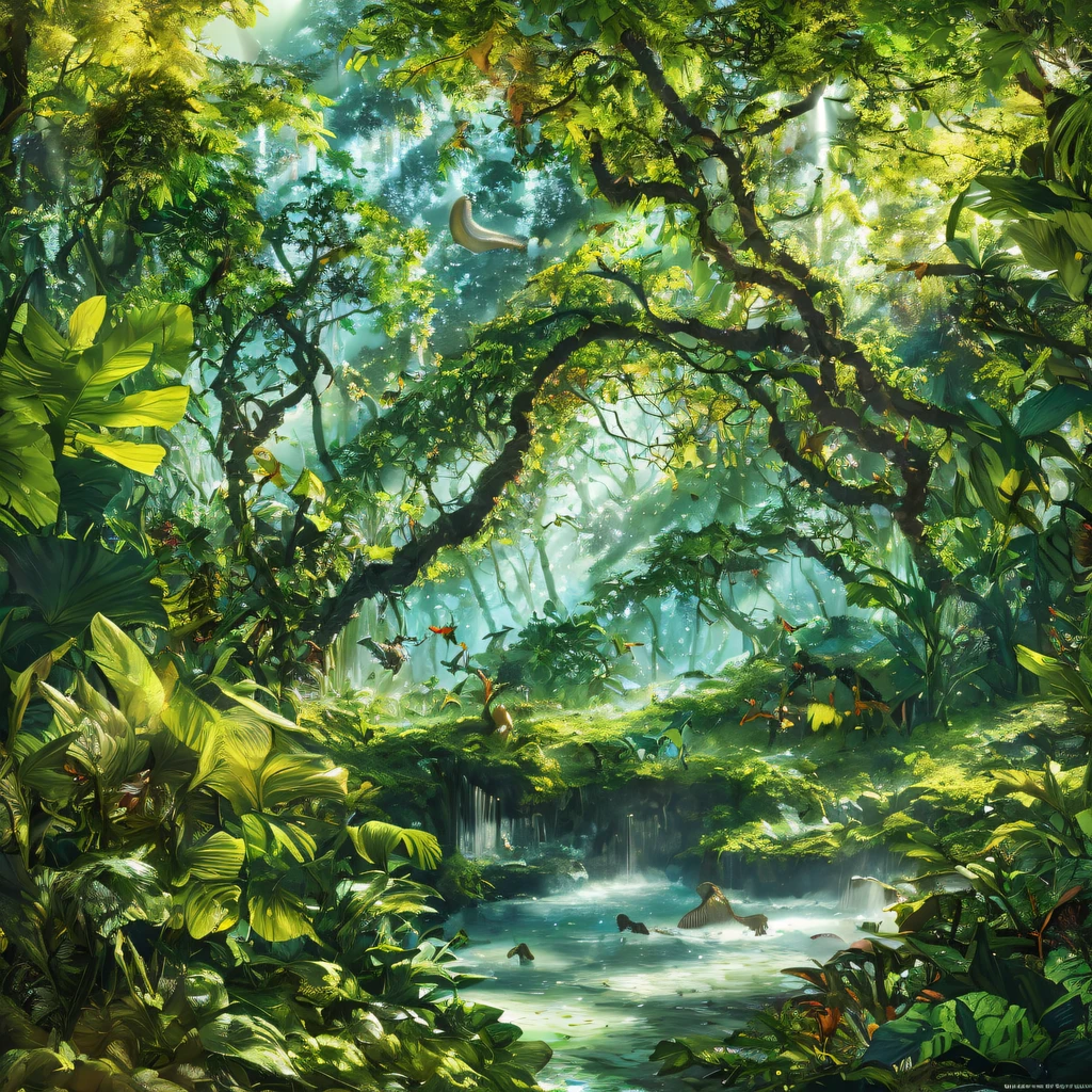 Futuristic ethereal seahorse，Sci-fi butterflies，future seahorse，sea horse，Futuristic jungle background，tmasterpiece，（Very detailed CG unified 8k wallpaper），（Best quality at best），（Best Best Illustration），（The best shadow），The background is a forest theme，With natural elements，flowers blooming，warm color palette，surrounded by exquisite leaves and branches，rays of sunshine，（nature elements），（Jungle theme），（leafs），grape trees，manatee，（exquisite leaves），（particle effect），isometric 3D，Rendered by Octane， Ray traching，ultra - detailed