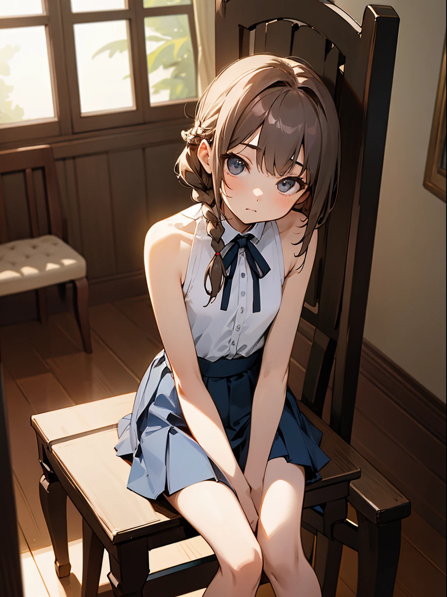 High quality, halter neck shirt, sleeveless shirt, backless, young girl, string ribbon, mini skirt, braid, petite, loli, sitting on chair, slender thighs, in a house