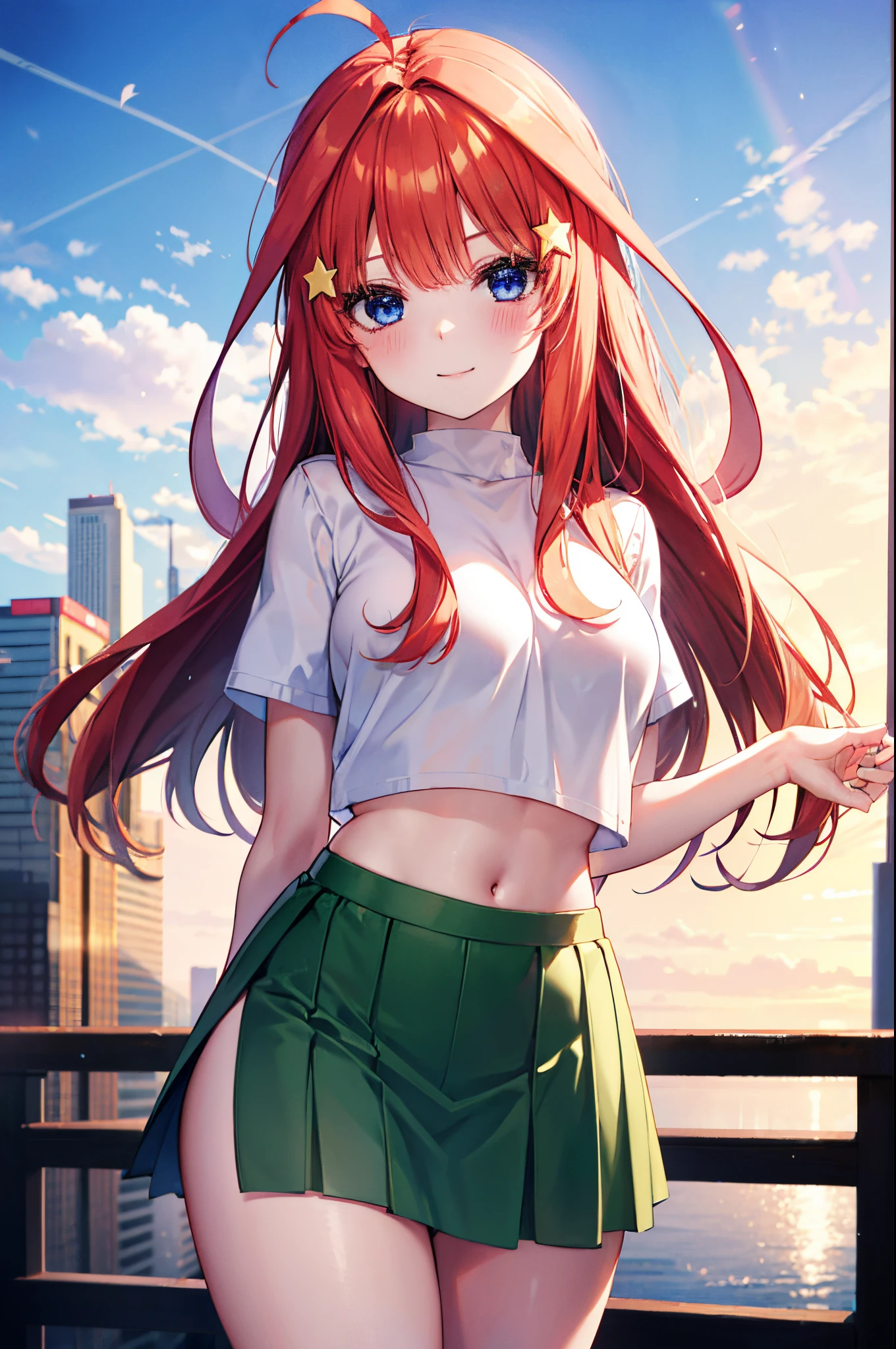 best quality, highly detailed, 1girl, cowboy shot, nakano itsuki, blue eyes, red hair, long hair, star hair ornament, ahoge, crop top, green skirt, miniskirt, medium breasts, standing, school, outdoors, smile, large breasts, small waist, very wide hips and thick thighs. smiling. Arched back. Volumetric light. Ambient light.
