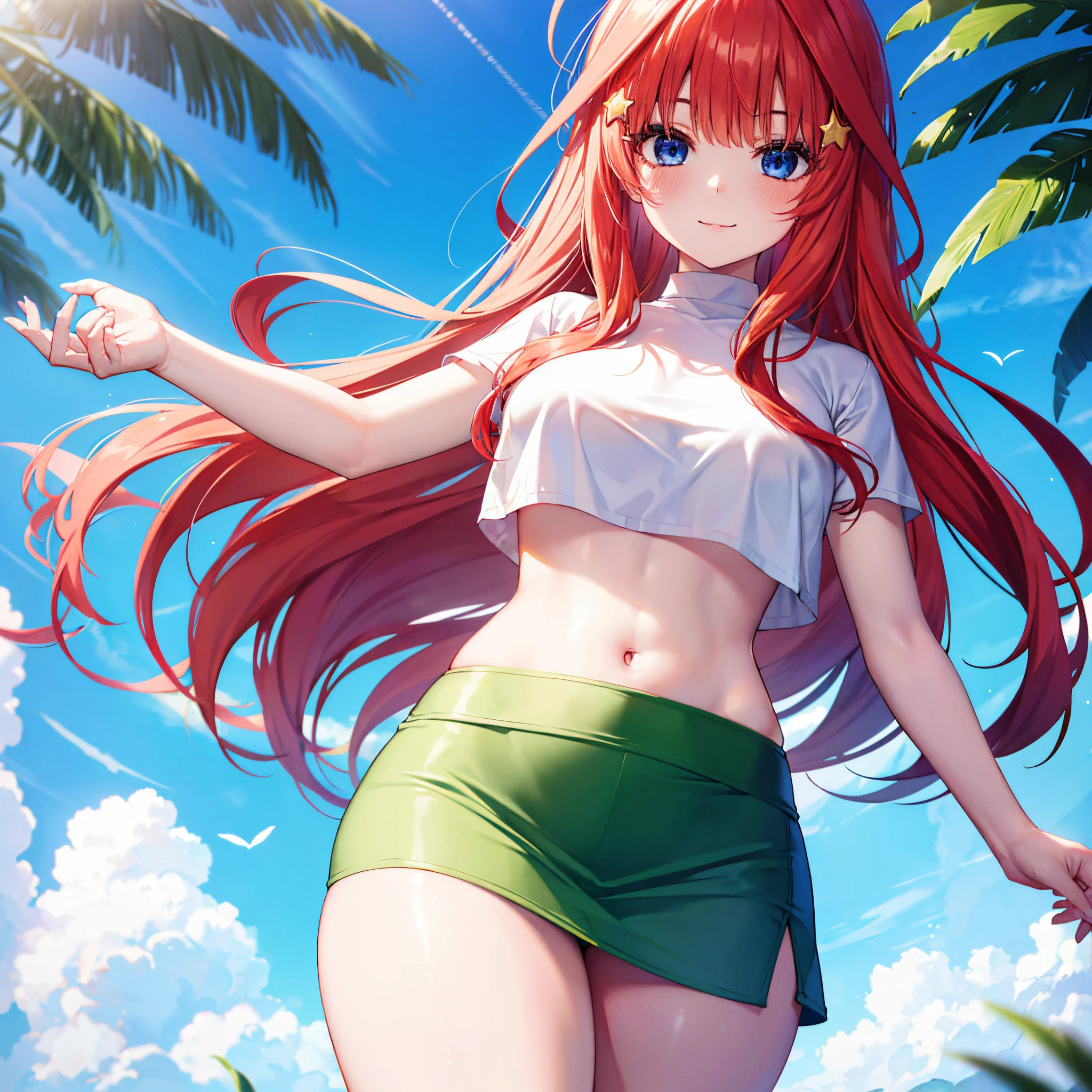 best quality, highly detailed, 1girl, cowboy shot, nakano itsuki, blue eyes, red hair, long hair, star hair ornament, ahoge, crop top, green skirt, miniskirt, medium breasts, standing, school, outdoors, smile, large breasts, small waist, very wide hips and thick thighs. smiling. Arched back.