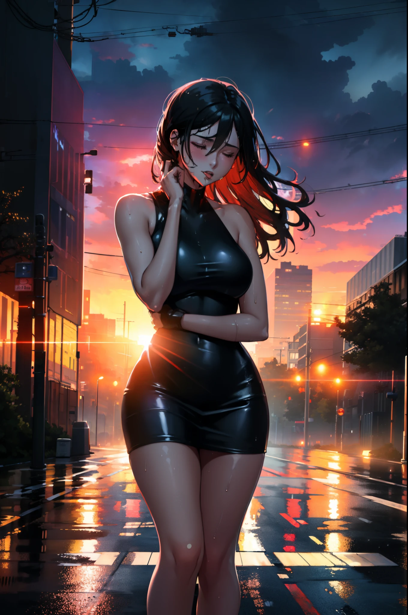 (masterpiece:1.4),(volumetric lighting:1.3), (2girls, yuri), tongue kiss, short tight  dress,sleeveless, outdoors, cityscape,road, heavy rain,storm, dusk,dawn, twilight,sunset, full body, soaking wet, sensual body, closed eyes, (silhouette:1.2), wet ground,