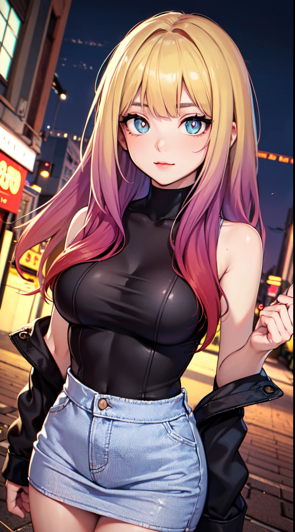 NY, (gradient hair, dutch angle:1.3), film grain, chromatic aberration, city, masterpiece, best quality, raw photo, photorealistic, absurdres, 1girl, cute, perspective, cowboy shot, highres, ultra detailed, detailed eyes and face, sharp pupils, realistic pupils, sharp focus, summer, night,