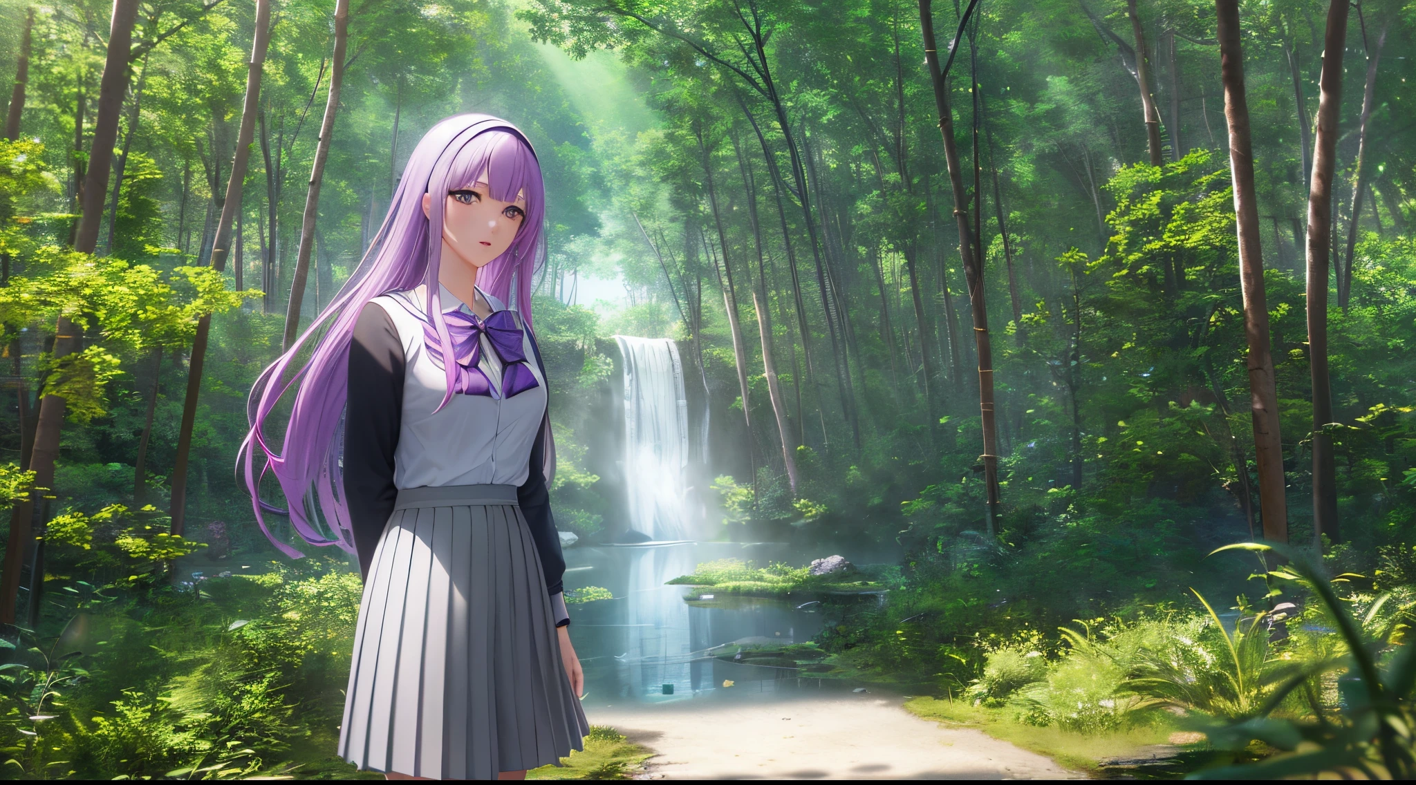 athena with plain long light purple hair,green eyes,rosy cheeks,full lips,thin eyebrows,slender body,school uniform and long skirt,jungle with river,anime style,Lumen Reflections,Screen Space Reflections,Diffraction Grading,Chromatic Aberration,GB Displacement,Scan Lines,Ray Traced,Anti-Aliasing,FXAA,TXAA,RTX,SSAO,Shaders,OpenGL-Shaders,GLSL-Shaders,Post Processing,Post-Production,cell Shading,Tone Mapping,CGI,VFX,SFX,insanely detailed and intricate, 4K