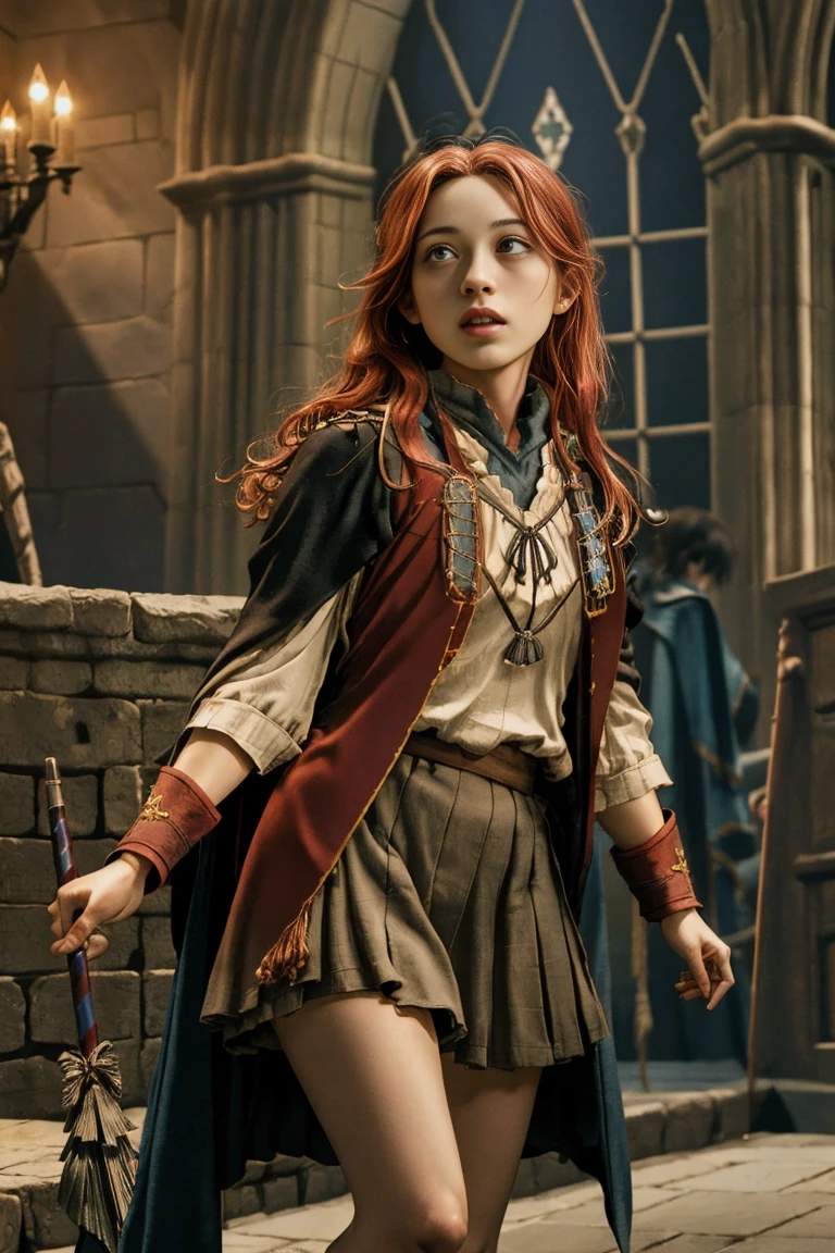 (plan très large:1.5), 1fille, (seulement:1.5), une belle photo de Gimmy Weasley, ginwea1, porter un uniforme, chef-d&#39;œuvre, Photoréaliste, détaillé, 4k, HDR, backLumièreing, Lumière, Photo couleur brute, Peau douce, cheveux roux, détaillé face, yeux bleus, écharpe rayée, jupe courte plissée, Robe noire, médiéval, (Gryffondor:1.4), (Ahegao:1.5), (ahg1:.5), (Yeux roulants :1.5),