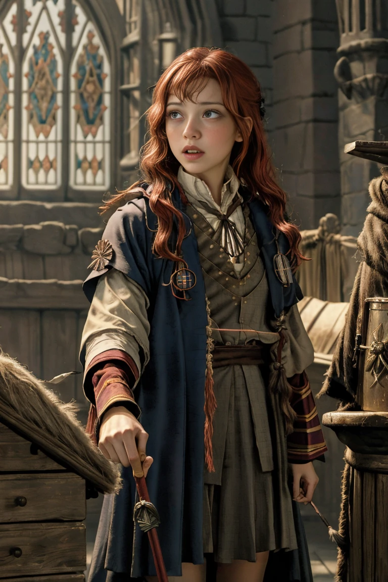 (far wide shot:1.5), 1girl, (solo:1.5), a beautiful picture of Gimmy Weasley, ginwea1, wearing a uniform, masterpiece, photorealistic, detailed, 4k, HDR, backlighting, light, RAW color photo, soft skin, red hair, detailed face, blue eyes, striped scarf, short pleated skirt, black robe, medieval, (gryffindor:1.4), (ahegao:1.5), (ahg1:.5), (rolling eyes :1.5),