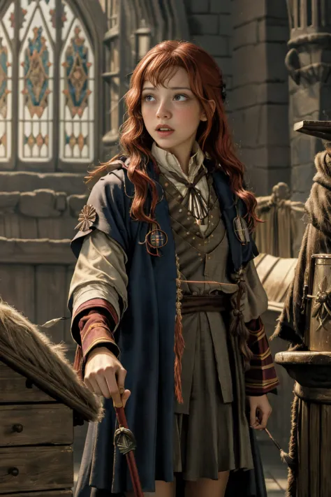 (far wide shot:1.5), 1girl, (solo:1.5), a beautiful picture of Gimmy Weasley, ginwea1, wearing a uniform, masterpiece, photoreal...