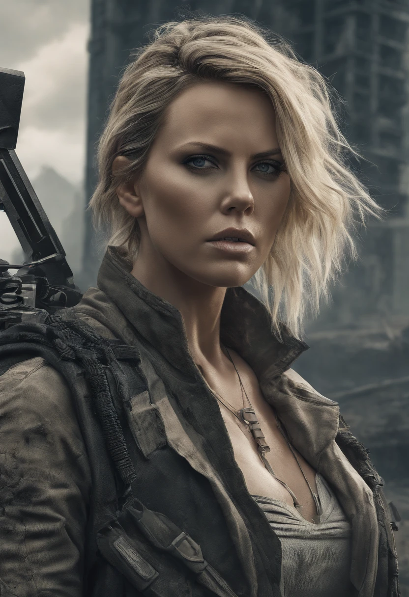 Hyper realistic photo, Charlize theron as an attractive woman [gunslinger:bounty hunter:0.4] standing in a apocalyptic wilderness (glitchwave style:1), Smoke, debris, abstract beauty, near perfection, pure form, intricate detail, ((Best quality, 8k, Masterpiece)), Ultra-detailed face, Detailed eyes, 8k post-production, High resolution, super Detail, trending on ArtStation, sharp focus, studio photos, intricate detail, Very detailed