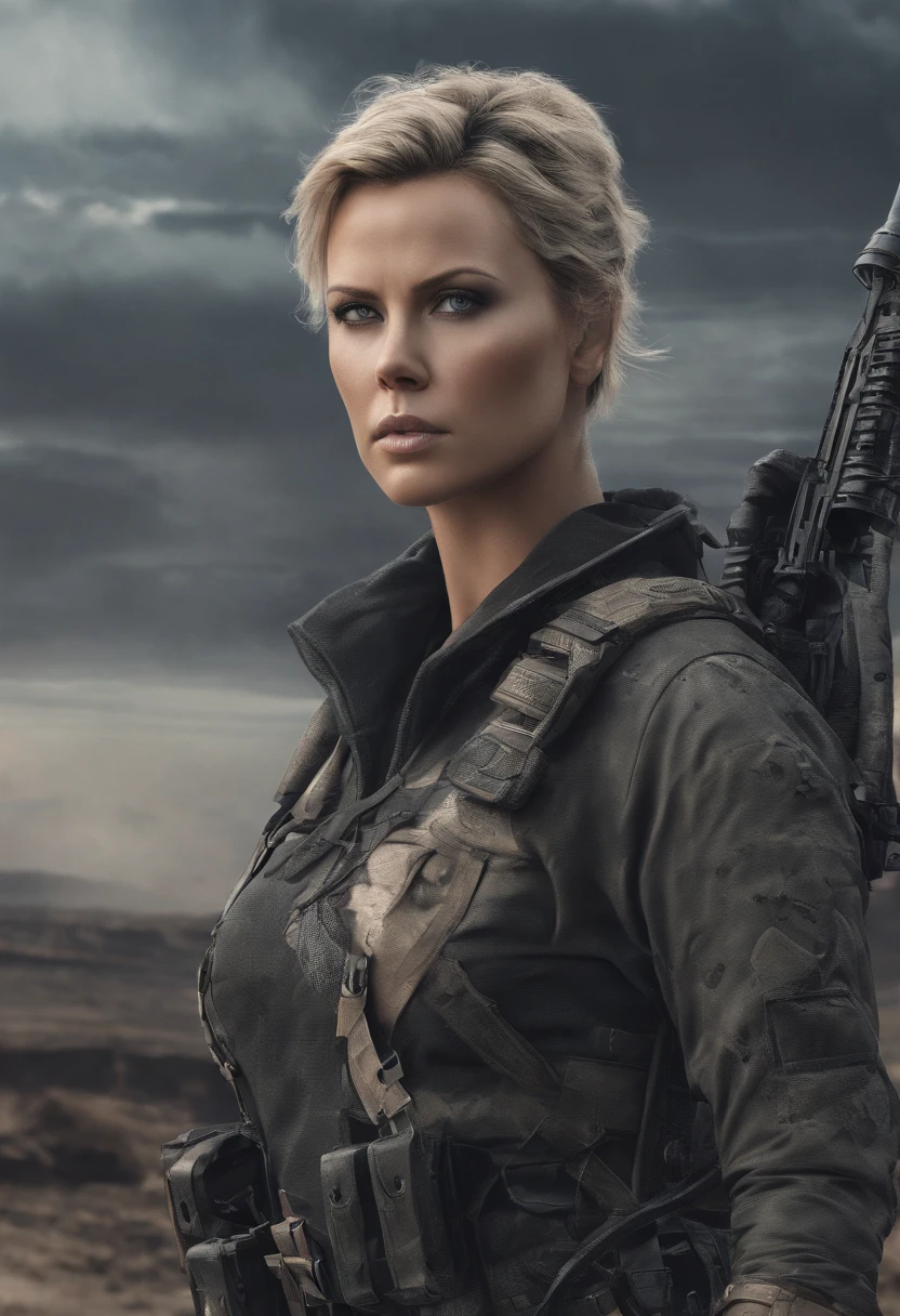 Hyper realistic photo, Charlize theron as an attractive woman [gunslinger:bounty hunter:0.4] standing in a apocalyptic wilderness (glitchwave style:1), Smoke, debris, abstract beauty, near perfection, pure form, intricate detail, ((Best quality, 8k, Masterpiece)), Ultra-detailed face, Detailed eyes, 8k post-production, High resolution, super Detail, trending on ArtStation, sharp focus, studio photos, intricate detail, Very detailed