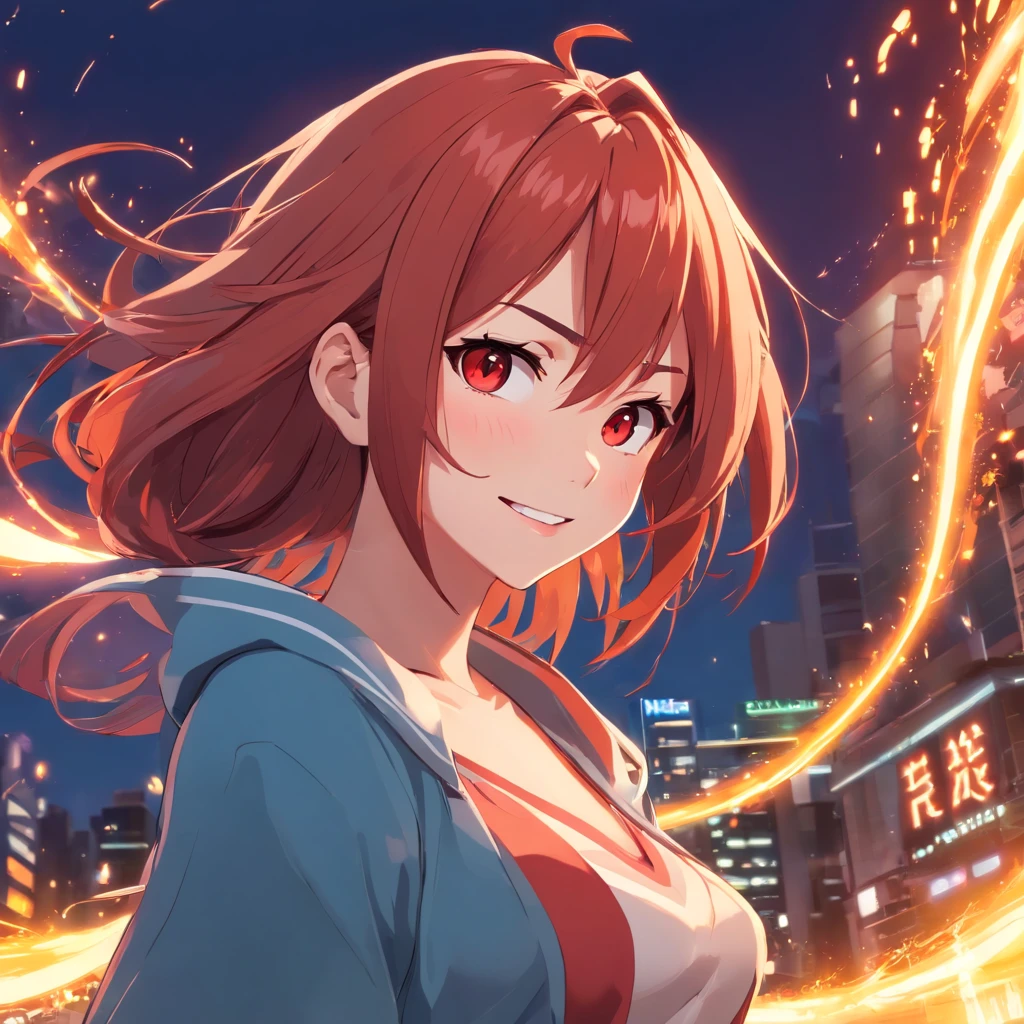 A woman with red hair and a blue jacket standing in front of a city -  SeaArt AI