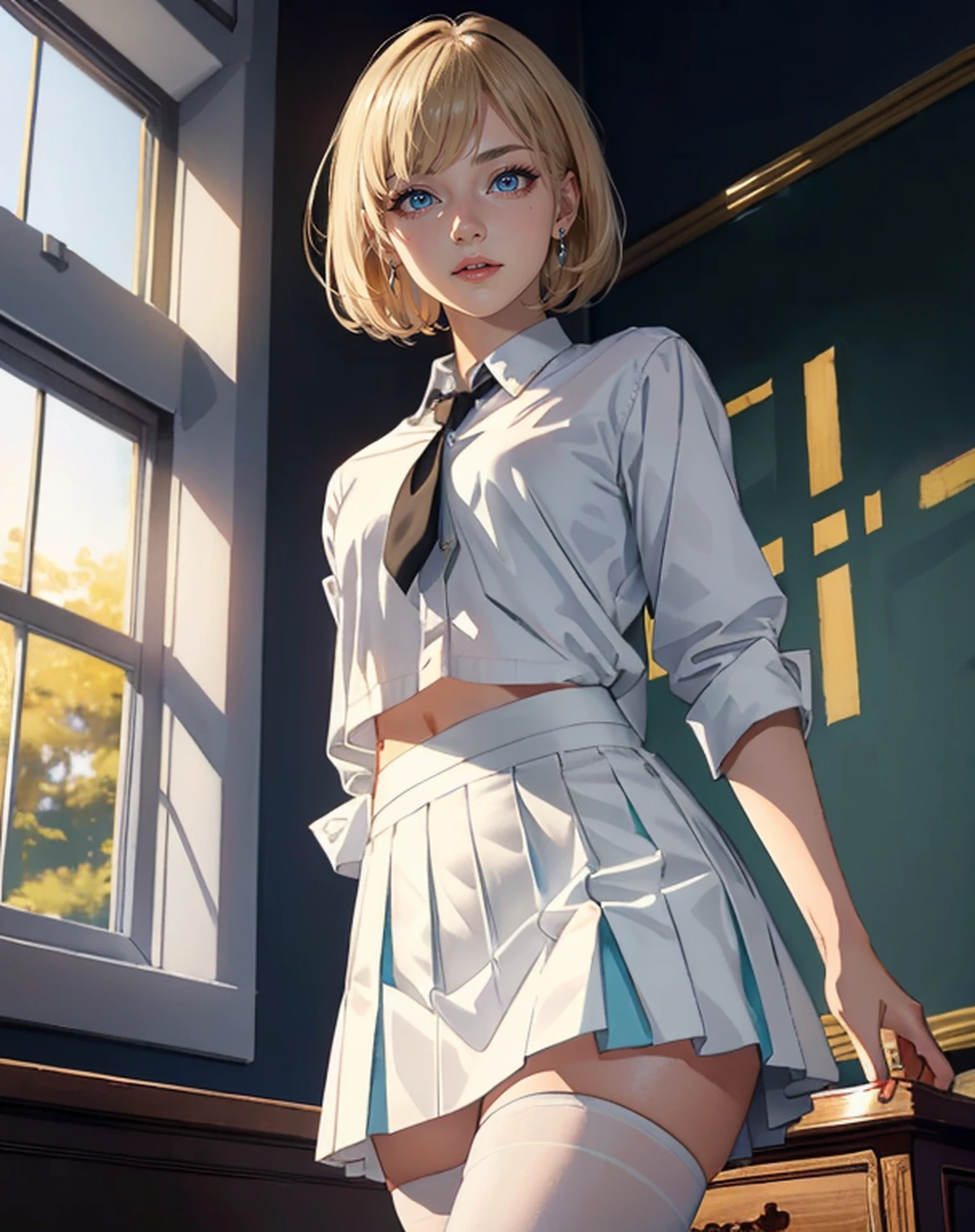 (Masterpiece, super detailed, highly detailed),best quality, official art, Highly detailed CG Illustration,(delicate and beautiful),1young woman,bangs, blond hair,short hair,bob cut hair,(cinematic lighting),white skin, shining skin,(school uniform,white shirt,mini skirt),cyan skirt,black pantyhose, classroom:1.4,( abs:1.2)