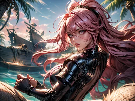 a pinkhaired scandinavian girl with half plate armor and frilly skirt over a skintight bodysuit, (Long pink Hair:1.4), pink Eyes...