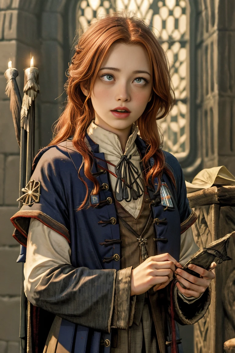 (far wide shot:1.5), 1girl, (solo:1.5), a beautiful picture of Gimmy Weasley, ginwea1, wearing a uniform, masterpiece, photorealistic, detailed, 4k, HDR, backlighting, light, RAW color photo, soft skin, red hair, detailed face, blue eyes, striped scarf, short pleated skirt, black robe, medieval, (gryffindor:1.4), (ahegao:1.5), (ahg1:.5), (rolling eyes :1.5),