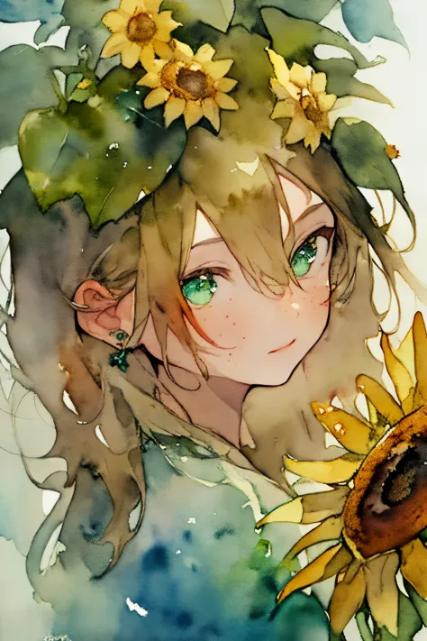 (watercolor:1.2),1girl, solo, flower, sunflower,freckles, portrait, leaf, bangs, signature, yellow flower, brown hair, long hair...