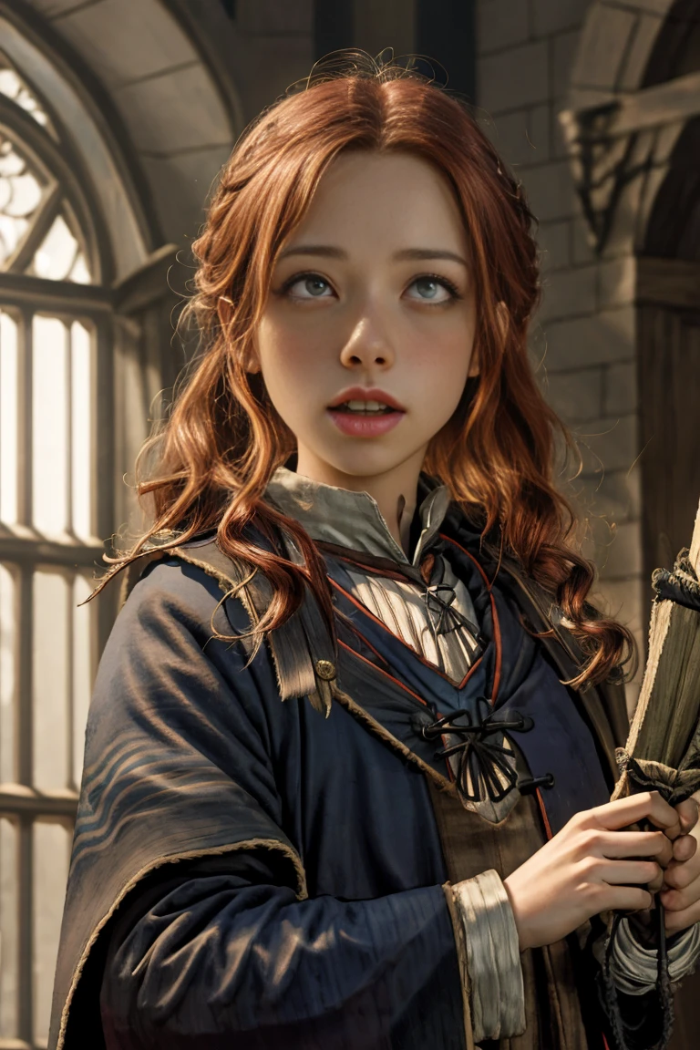 (far wide shot:1.5), 1girl, (solo:1.5), a beautiful picture of Gimmy Weasley, (ginwea1:1.5), wearing a uniform, masterpiece, photorealistic, detailed, 4k, HDR, backlighting, light, RAW color photo, soft skin, red hair, detailed face, blue eyes, striped scarf, short pleated skirt, black robe, medieval, (gryffindor:1.4), (ahegao:1.5), (ahg1:.5), (rolling eyes :1.5),