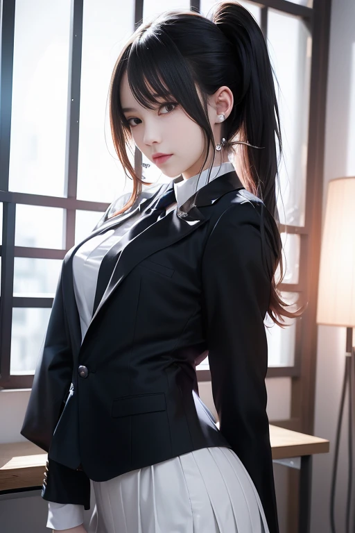 8K raw photos，hight resolution，Age21 Japan，large round chest，Uniforms，tiese，Tie Ribbon，Blazer jacket，Super skirt，beautiful eyes in detail，long eyelasher，beautiful double eyelid，eyeshadows，slit-eyes，Sanpaku eyes，Dark Eye Makeup，evil smile，Beautiful thin legs，High Ponytail，耳Nipple Ring，school classrooms