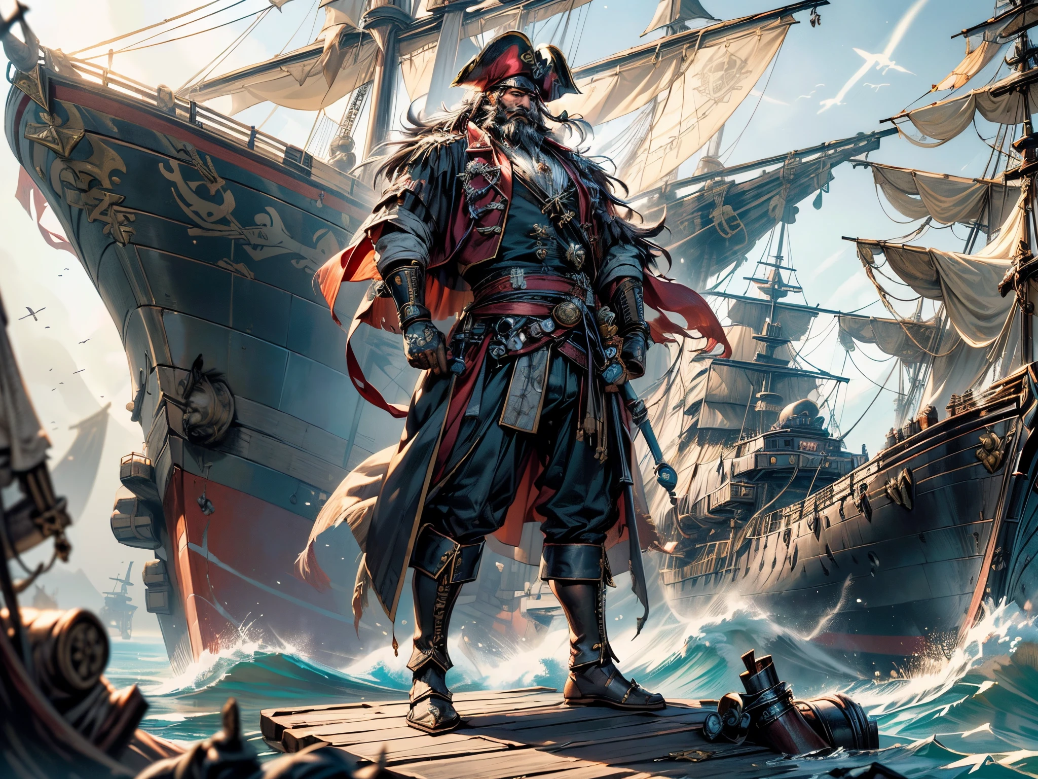(Full body portrait of a exalted pirate king shipwrecked hungry for revange, holding a saber, his gargantuan warship in the background, larger than life, old pirate with a thick scruffy beard and wrinkled face, a great duelist and spellcaster:1.3) (Piratepunk, pirate lord, pirate king, pirate captain, angry man,) (Keelhaul, haul, pirate ship, massive broadside of ship,side half of massive ship, docked ship in background,) (blurry background of pirate crew, blurry details of pirate crew)