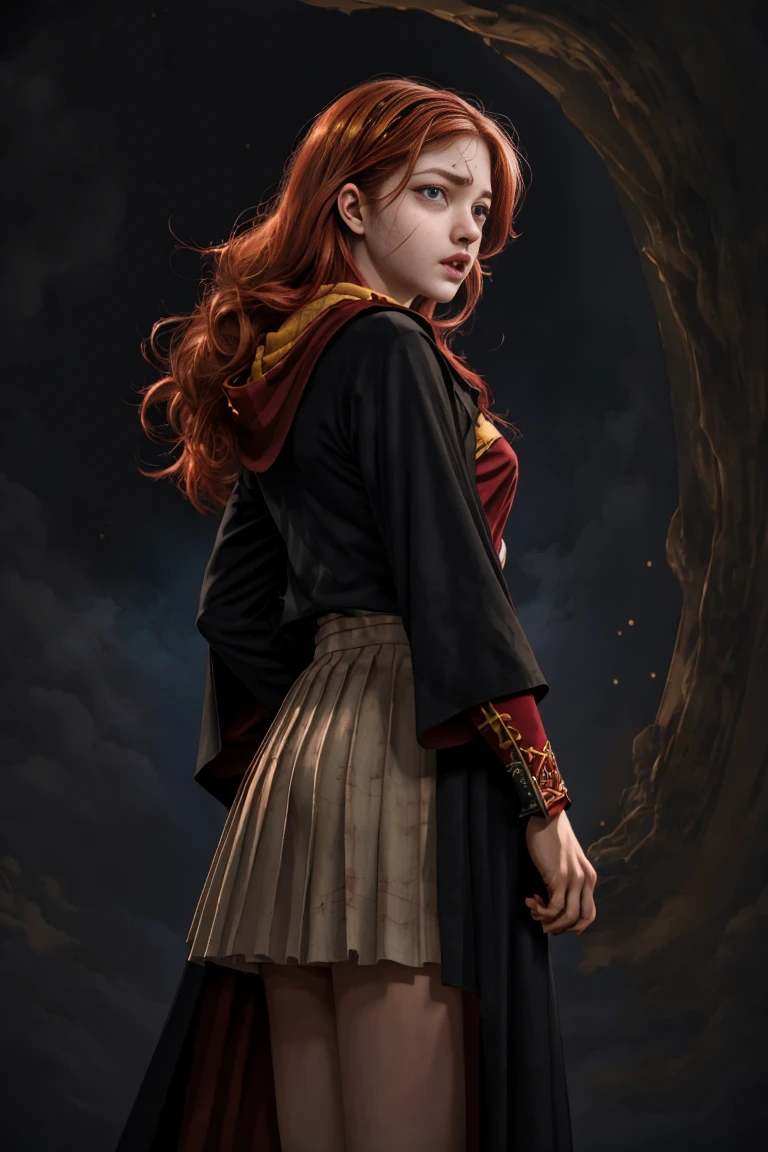 (far wide shot:1.5), 1girl, (solo:1.5), a beautiful picture of Ginny Weasley, ginwea1, wearing a uniform, masterpiece, photorealistic, detailed, 4k, HDR, backlighting, light, RAW color photo, soft skin, red hair, detailed face, blue eyes, striped scarf, short pleated skirt, black robe, medieval, (gryffindor:1.4), (ahegao:1.5), (ahg1:.5), (rolling eyes :1.5), hogsks, female masturbation, Fingering