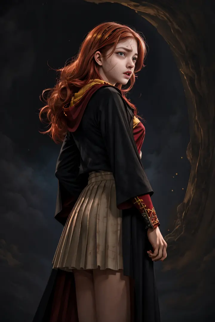 (far wide shot:1.5), 1girl, (solo:1.5), a beautiful picture of Ginny Weasley, ginwea1, wearing a uniform, masterpiece, photoreal...