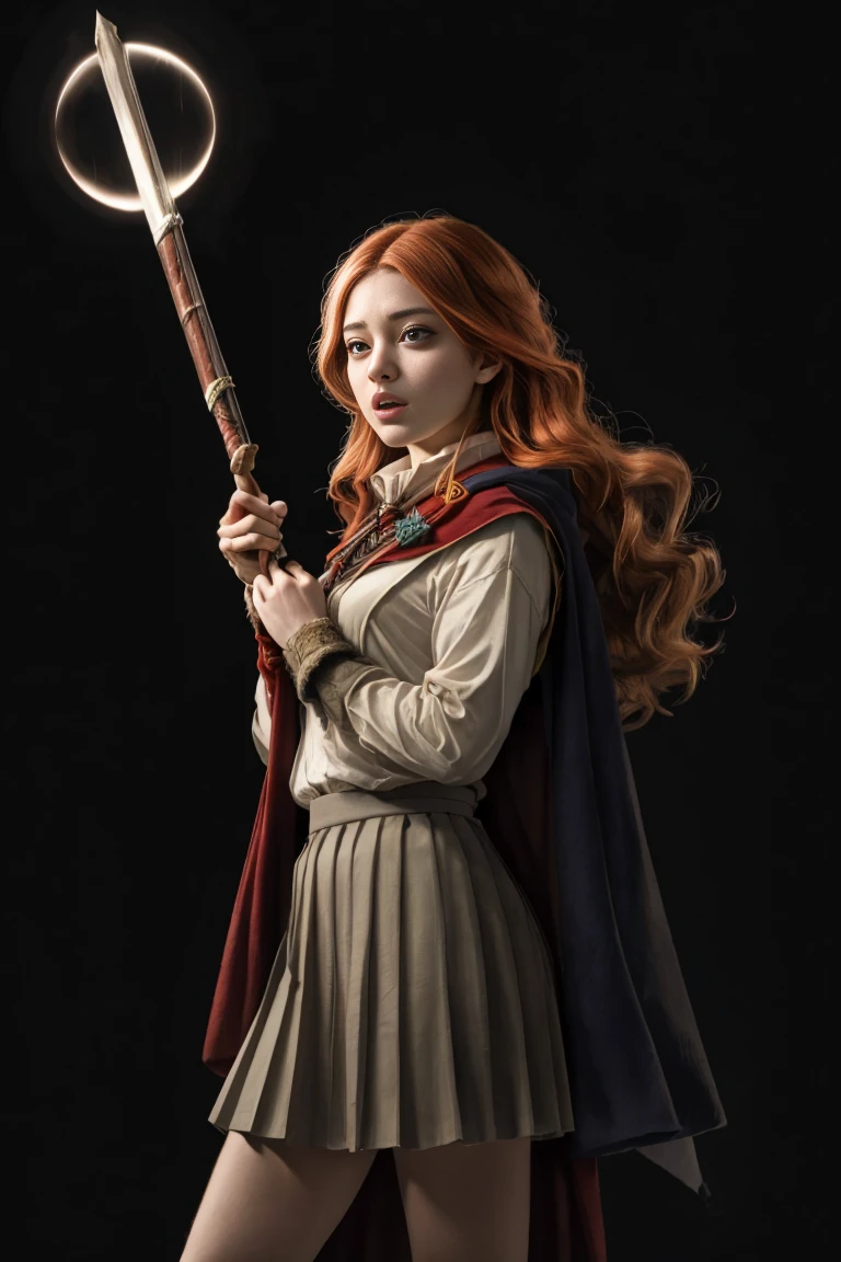 (far wide shot:1.5), 1girl, (solo:1.5), a beautiful picture of Ginny Weasley, ginwea1, wearing a uniform, masterpiece, photorealistic, detailed, 4k, HDR, backlighting, light, RAW color photo, soft skin, red hair, detailed face, blue eyes, striped scarf, short pleated skirt, black robe, medieval, (gryffindor:1.4), (ahegao:1.5), (ahg1:.5), (rolling eyes :1.5), hogsks, female masturbation, Fingering