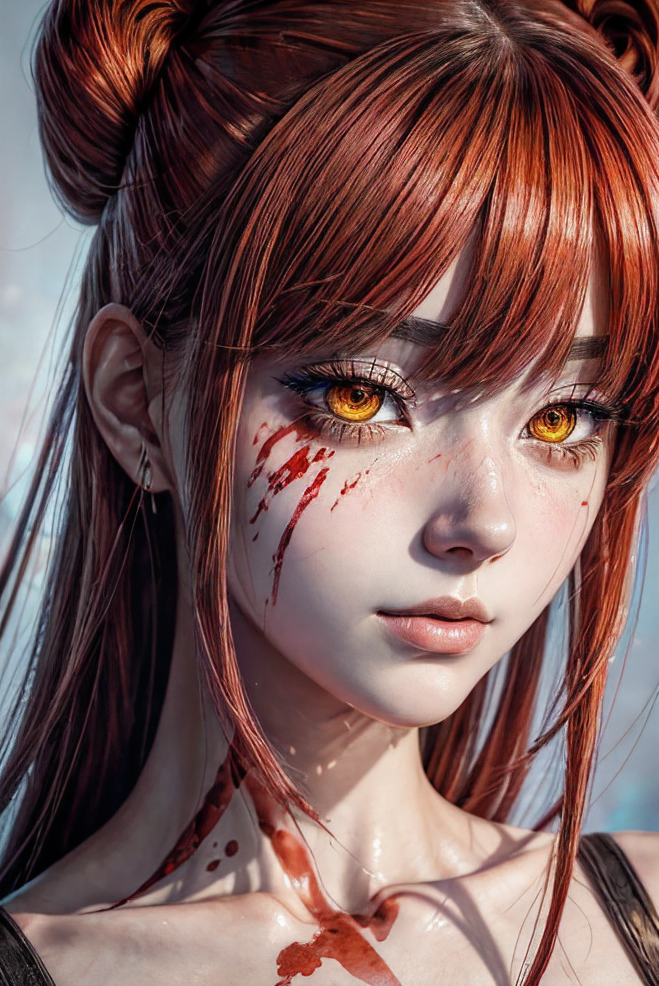 masterpiece, best quality, (extremely detailed CG unity 8k wallpaper, masterpiece, best quality, ultra-detailed, best shadow), (detailed background), (beautiful detailed face, beautiful detailed eyes), High contrast, (best illumination, an extremely delicate and beautiful),1girl,((colourful paint splashes on transparent background, dulux,)), ((caustic)), dynamic angle,beautiful detailed glow,full body, blood splash on face. close up of a woman, anime girl with red hair and a white shirt and tie, a character portrait by Yang J, pixiv, shin hanga, portrait of an anime girl, female anime character, portrait anime girl, portrait of asuka langley soryu, beautiful anime portrait, detailed portrait of anime girl, anime character, realistic anime artstyle, anime girl portrait, anime character portrait, blood on face, sweat face,