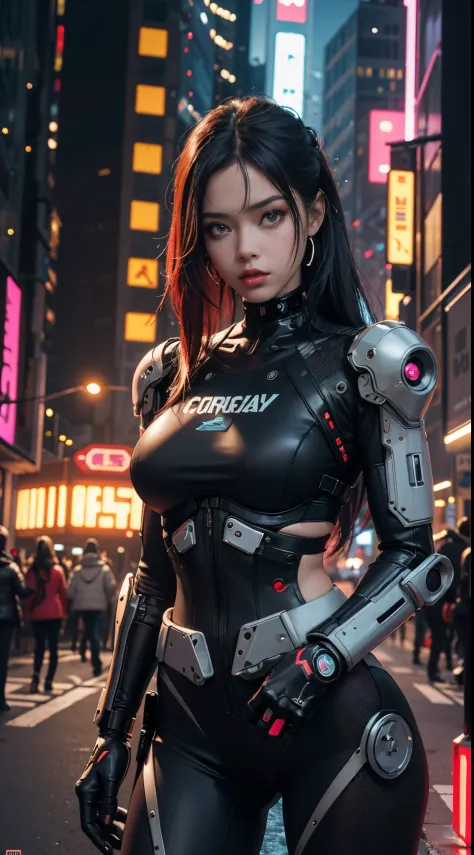 Chica cyborg cyberpunk retrofutyrista con partes de robot en el cuerpo ,cuencia avamzada todo de color negro , luces de neon roj...