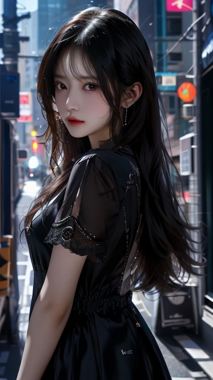 울트라 HD, 8K 품질, 소녀, 아주 긴 머리, 블랙 블러 드레스, 상세한 눈, 전면 캡처, 언리얼 엔진 5,