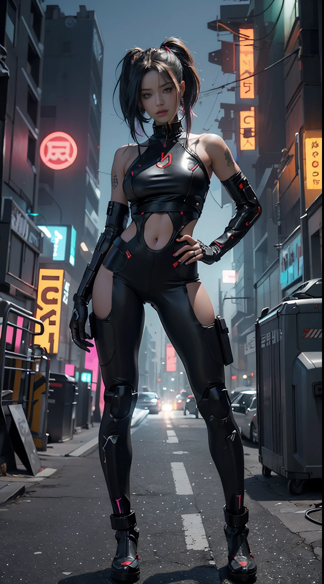 Chica cyborg cyberpunk retrofutyrista con partes de robot en el cuerpo ,Fortgeschrittenes Queue ganz in Schwarz , rote Neonlichter ,Riesentitten ,auf einem anderen Planeten