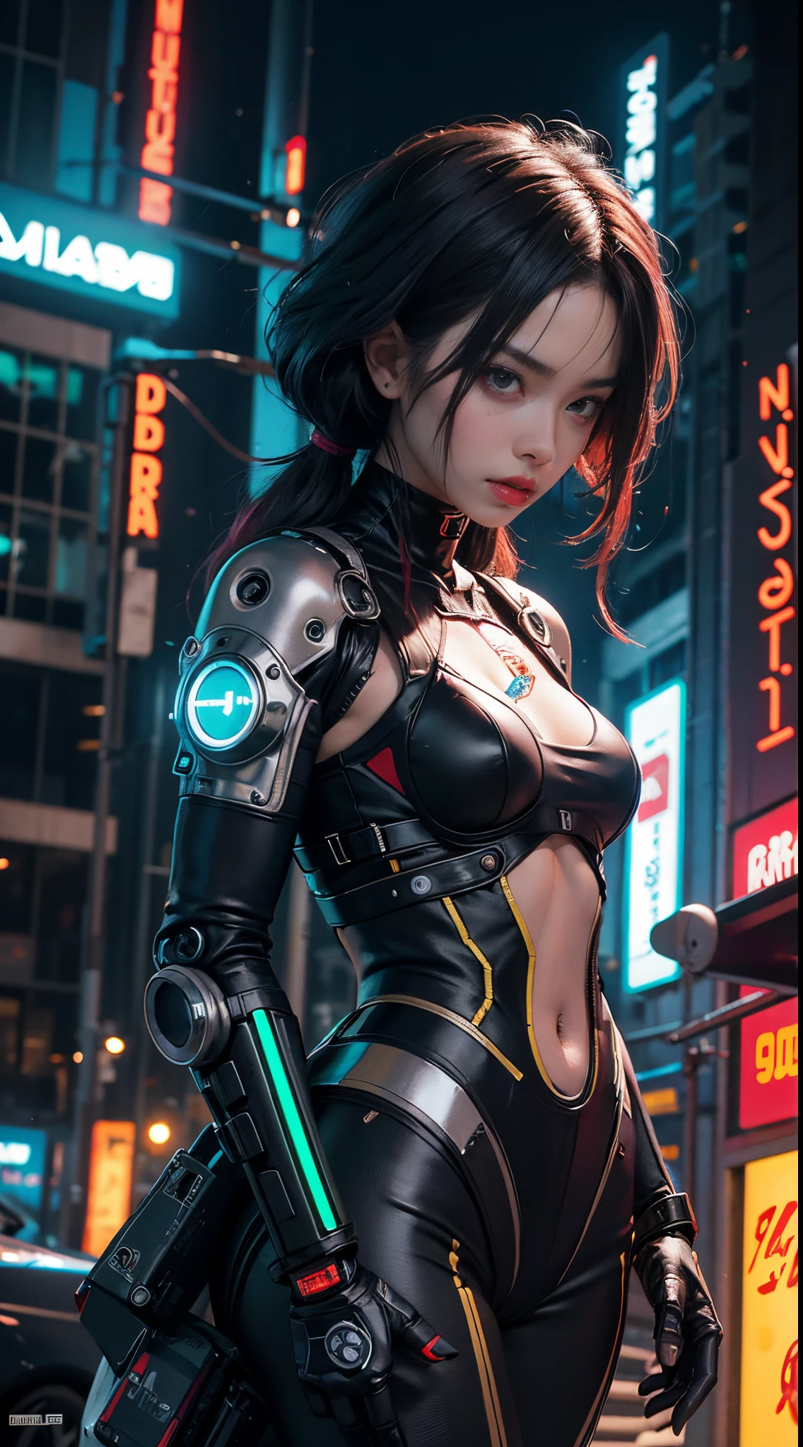 Fille cyborg cyberpunk rétrofuturiste avec des pièces de robot sur son corps ,repère avancé tout noir , néons rouges ,seins énormes ,sur une autre planète