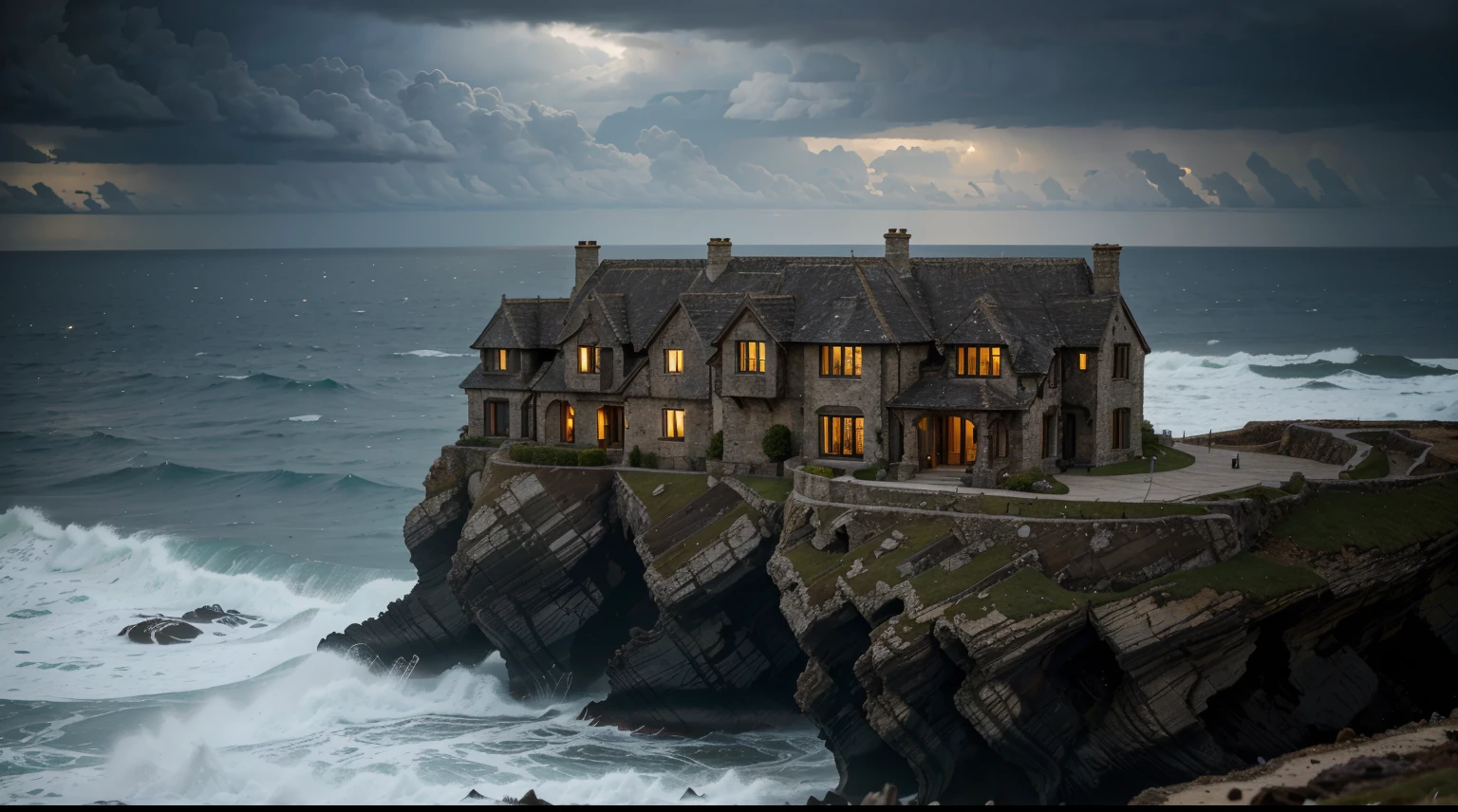 Stellen Sie sich eine Szene vor, die stark von HR Giger beeinflusst ist. Das Haus, thront auf einer stürmischen Klippe am Meer, ähnlich wie Cornwall. Es weist ausgeprägtere biomechanische Elemente auf, typisch für HR Gigers Stil, ein unheimliches und jenseitiges Erscheinungsbild erzeugen. Das Design ist kompliziert, mit Elementen, die natürliche Formen nachahmen, was auf eine symbiotische Beziehung mit der Klippe schließen lässt. Der stürmische Nachthimmel und das stürmische Meer, Hervorhebung der einzigartigen und harmonischen Integration des Hauses in die natürliche Umgebung.