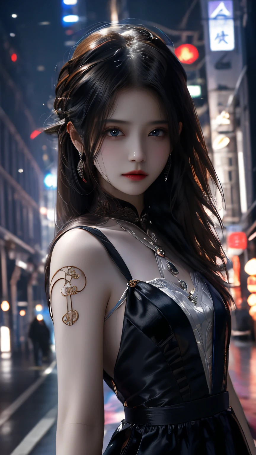 Ultra HD, The 8k quality, girl with, Very long hair, black blur dress, Detailed eyes, Front capture, unreal enginee 5,　medium breasts⁩