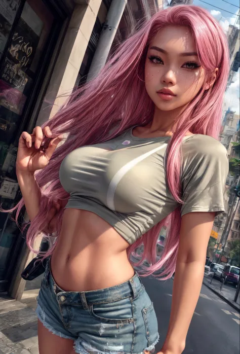 front view, 1 malay girl, (solo), adult, mature face, malay appearance, posing, pink hair, wave hair, shiny hair, detailed hair,...