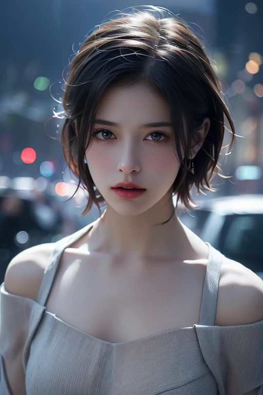 Best quality, masterpiece, ultra high res, (photorealistic:1.5), raw photo, 1girl, offshoulder, in the dark, deep shadow, low key, cold light, sexy look, short hair