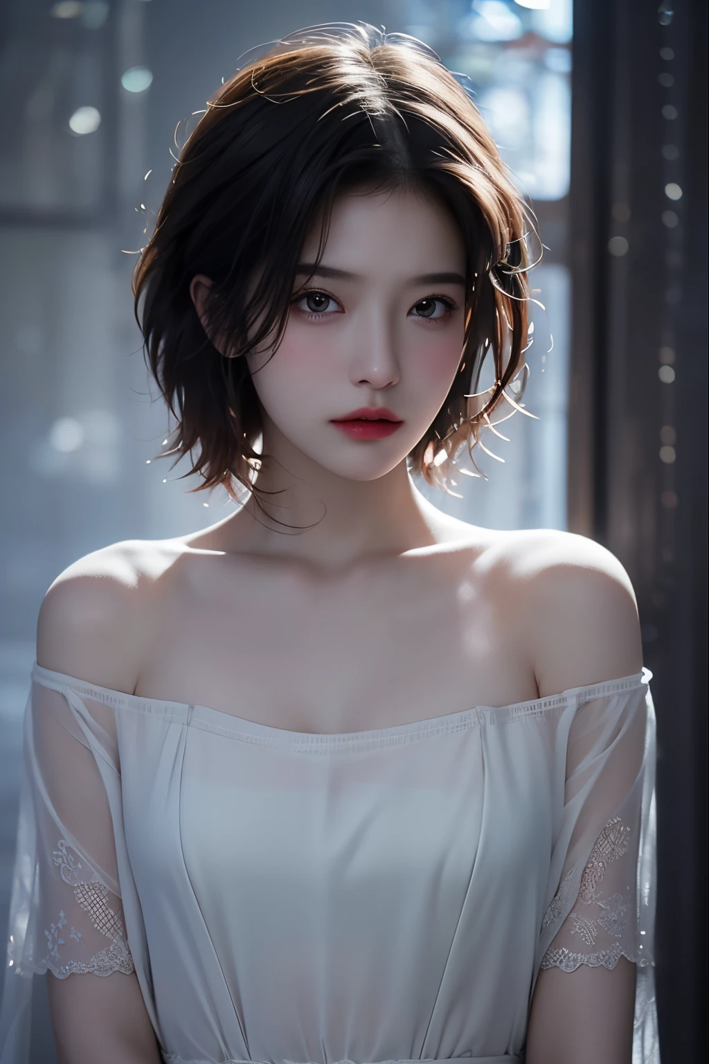 top-quality、​masterpiece、超A high resolution、(Photorealsitic:1.5)、Raw foto、1girl in、off shoulders、murky、deep-shadows、Unobtrusive、cold light、sexy appearance、shorth hair、thin lipss