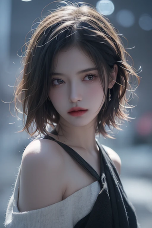 top-quality、​masterpiece、超A high resolution、(Photorealsitic:1.5)、Raw foto、1girl in、off shoulders、murky、deep-shadows、Unobtrusive、cold light、sexy appearance、shorth hair,　(thin lipss:1.2)