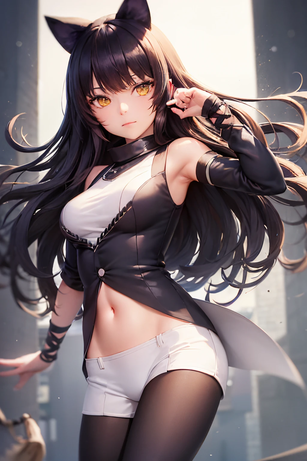 (masutepiece, Best Quality:1.2), Cowboy Shot, Solo, 1girl in, Blake Belladonna, deadpan, Closed mouth, Looking at Viewer, Black-haired bow, White shirt, Detached sleeve, pantyhose, Legwear under white shorts