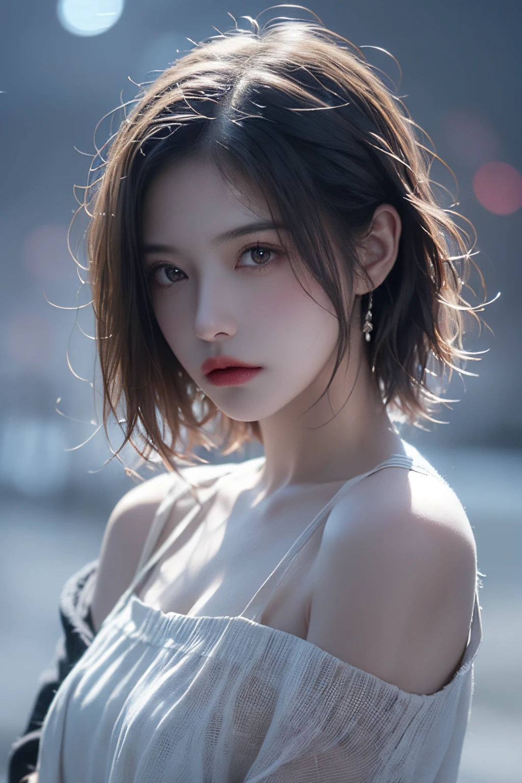 top-quality、​masterpiece、超A high resolution、(Photorealsitic:1.5)、Raw foto、1girl in、off shoulders、murky、deep-shadows、Unobtrusive、cold light、sexy appearance、shorth hair,　(thin lipss:1.2)