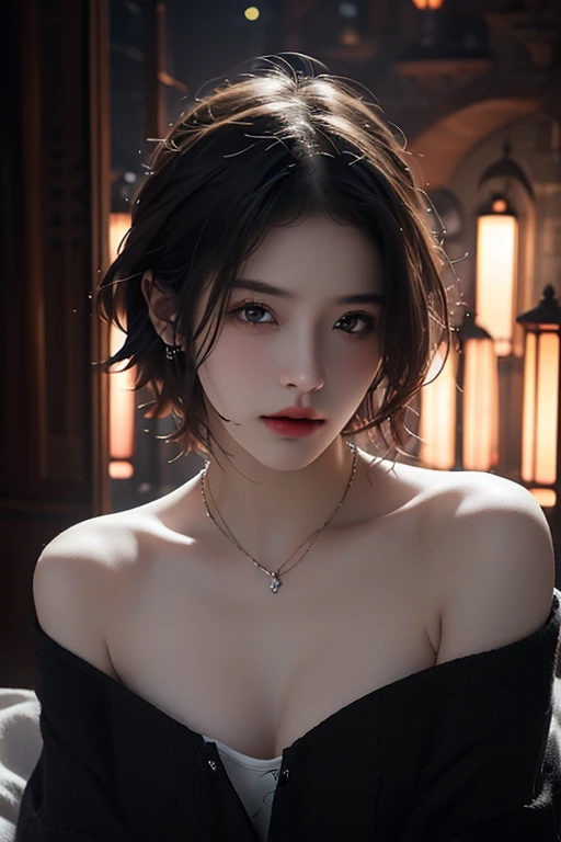 Best quality, masterpiece, ultra high res, (photorealistic:1.5), raw photo, 1girl, offshoulder, in the dark, deep shadow, low key, cold light, sexy look, short hair