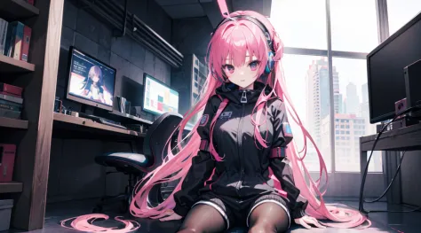 mitsukasa ayas cyberpunk, , digital punk, anime style 4k, short-sleeved game suit,pink long hair, computer room, gaming headset ...