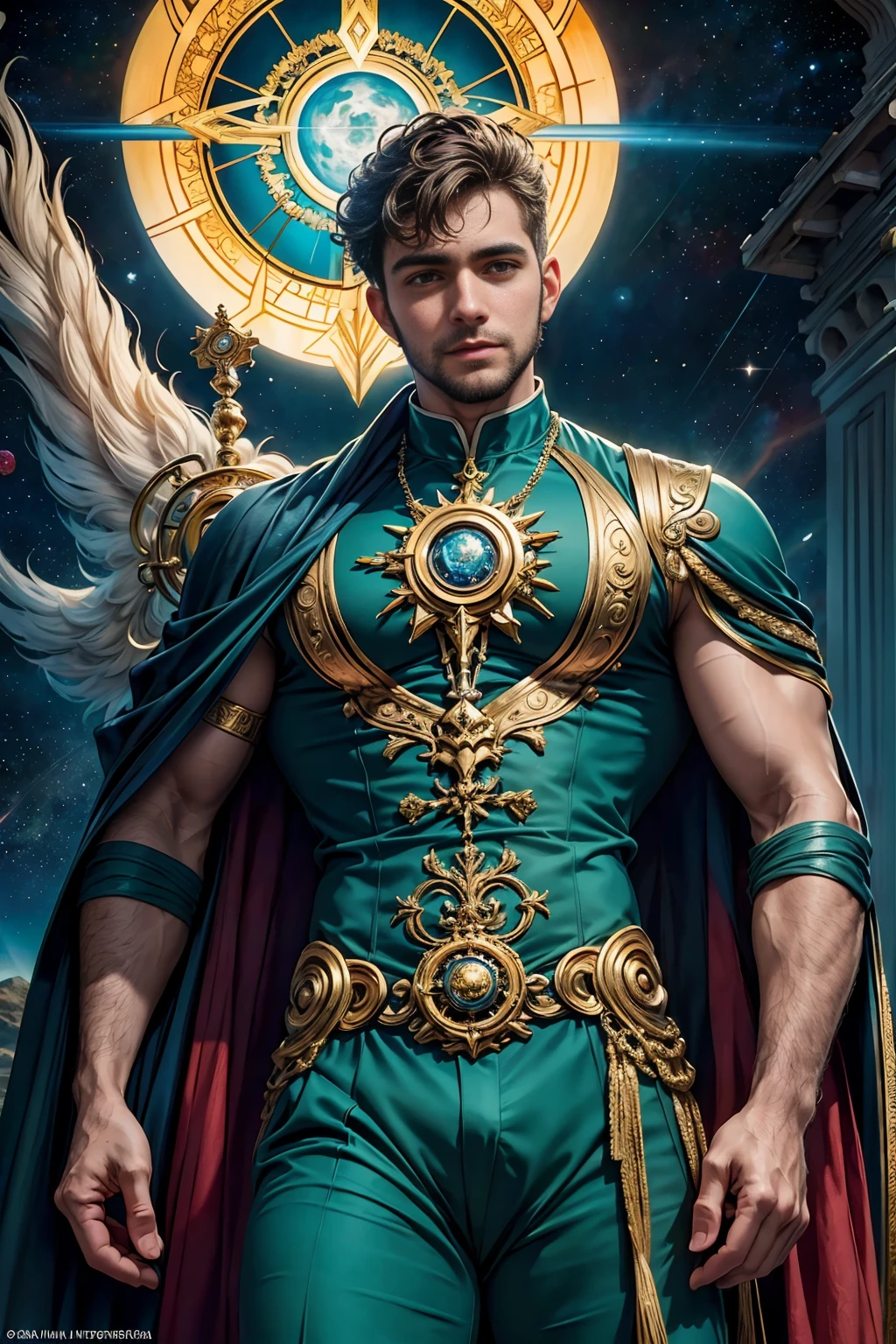 (( Homem )), ( with a peacock) )), com um colar ,((olhos azuis)) muscular male hero, atraente, ((Carne Nua Masculina)) meio tiro de um hunky, handsome prince, heroic male pose, macho sexy, Macho bonito, musculoso masculino, not shirt :: Very high detail, strong masculine features, masculino e forte, bonito impressionante realista, corpo bonito bonito, ((in the background Antares Station,)), Launch of the 35mm lens, Deus do Mar, Deus do Oceano, Luthien, arte de deus, Deus da mitologia grega, Deus da Lua, Deus do amor e da paz, deus bonito, Mitologia do Deus da Terra, o deus Eros, Um retrato impressionante de um deus, Frank Kelly Freas, Estilo Karol Bak, ((beautiful face)), Ultra Definition, melhor qualidade, 32k ultra | | | | | | | | | | | , Ultra HD | | | | | | | | | | |, maior contraste, Cores quentes e vibrantes, Inprirado em victória francés | | | | | | | | | |, Gothic beauty