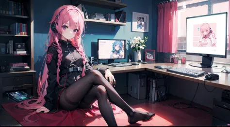 mitsukasa ayas cyberpunk, , Digital punk, Anime style 4k, Short-sleeved game suit,Pink Long Hair, computer room, Gaming headset overhead，black pantyhoses